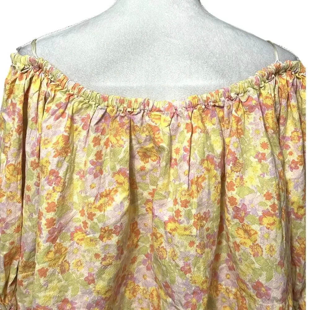 Free People Smocked Crop Top Off Shoulder Floral Button Front Multicolor W S NWT